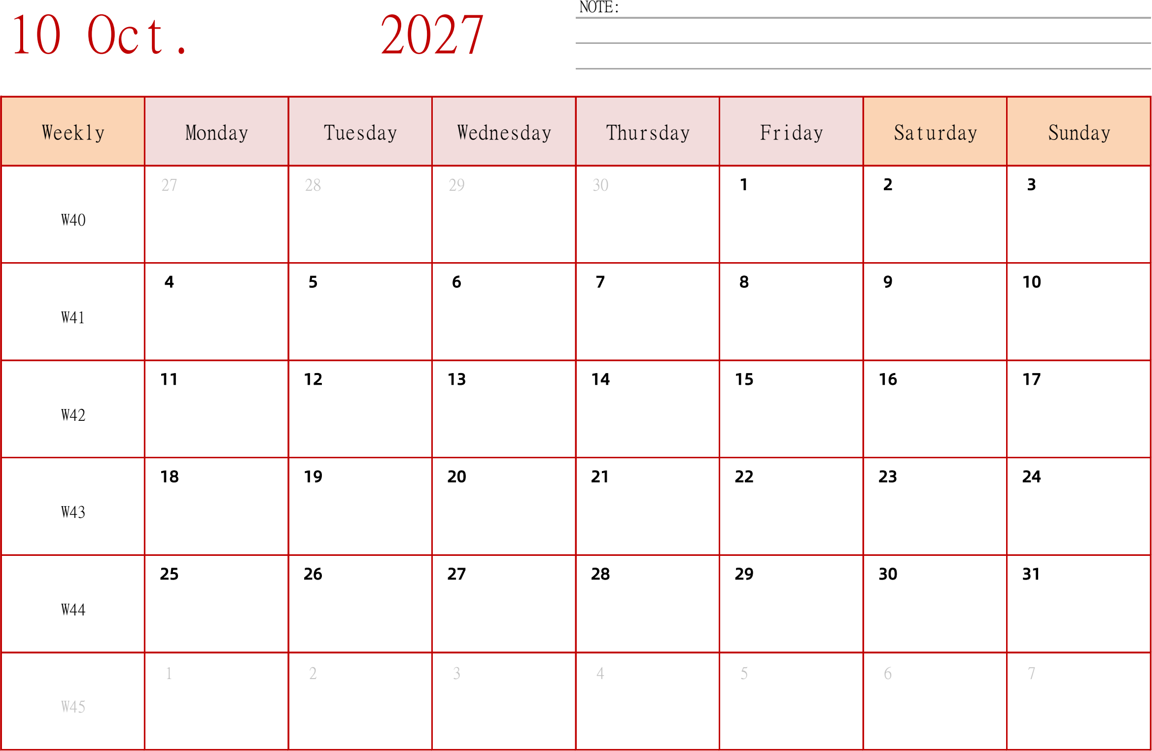 日历表2027年日历 英文版 横向排版 周一开始 带周数